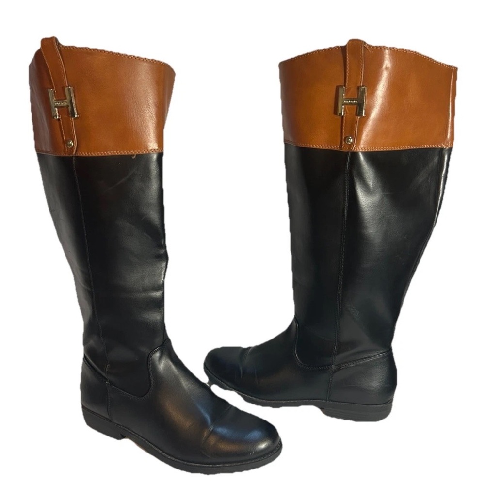 Tommy Hilfiger Two-Tone Riding Boots – Black & Cognac Leather – Women’s Size 8